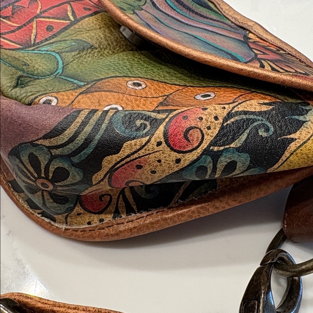 ANUSCHKA genuine leather flap shoulder bag hand painted colorful artsy brown - Picture 15 of 16